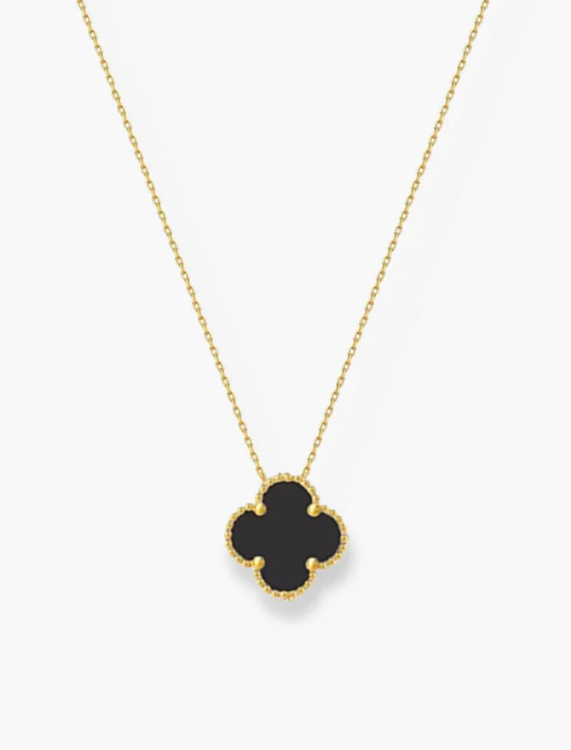 NECKLACE S/SILVER 925 GOLD PLATED CLOVER 15MM PENDANT BLACK ITALIAN MADE 