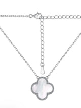 NECKLACE S/SILVER 925 GOLD PLATED CLOVER 15MM PENDANT ICED FLORA WHITE ITALIAN MADE