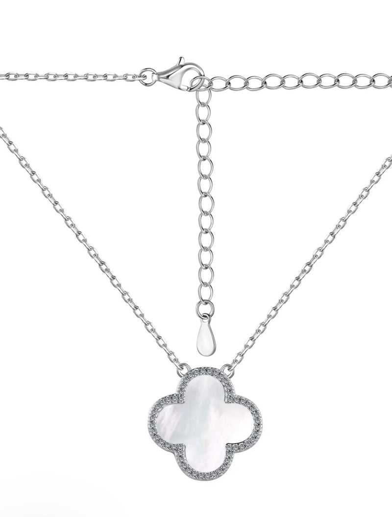 NECKLACE S/SILVER 925 GOLD PLATED CLOVER 15MM PENDANT ICED FLORA WHITE ITALIAN MADE