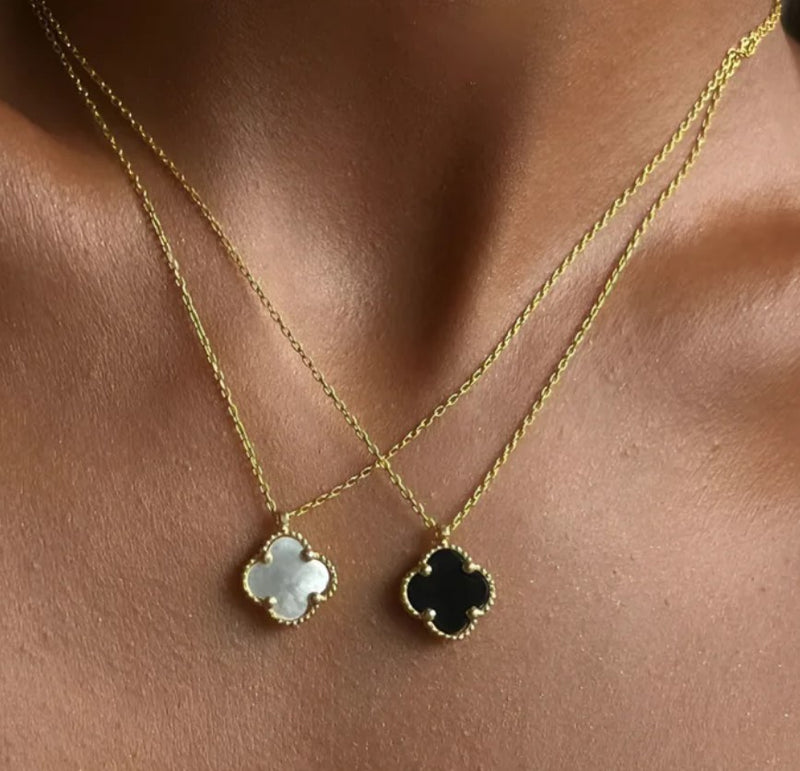 NECKLACE S/SILVER 925 GOLD PLATED CLOVER 15MM PENDANT ICED FLORA WHITE ITALIAN MADE