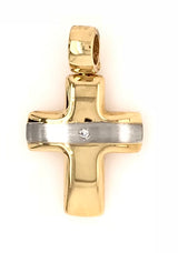 18CT YELLOW AND WHITE GOLD CROSS GYPSY SET BRILLIANT CUT DIAMOND IMPORTED