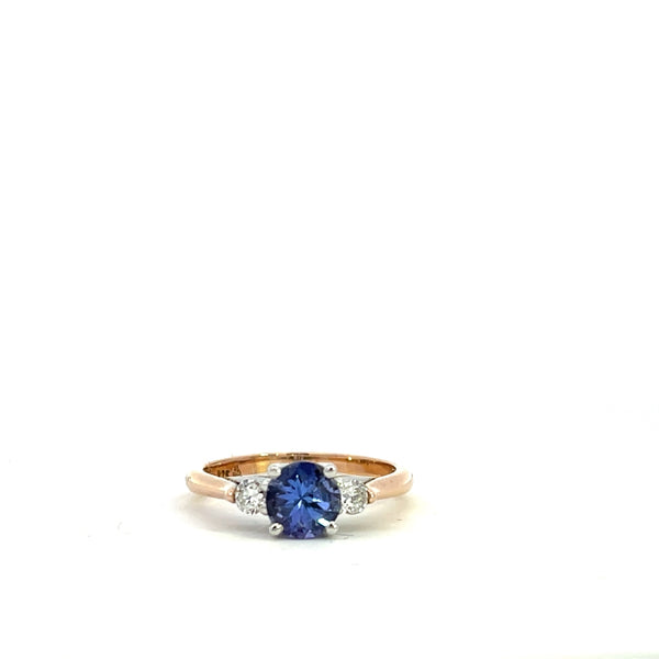 9CT ROSE AND WHITE GOLD TRILOGY RING CLAW SET BRILLIANT CUT NATURAL TANZANITE AND BRILLIANT CUT DIAMONDS HAND CRAFTED