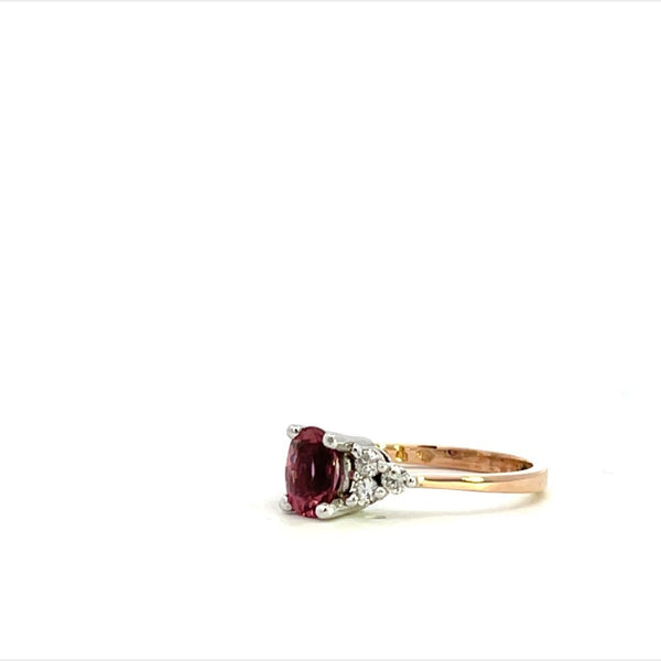 9CT ROSE AND WHITE GOLD TRILOGY RING CLAW SET NATURAL OVAL CUT PINK TOURMALINE AND BRILLIANT CUT DIAMONDS HAND CRAFTED