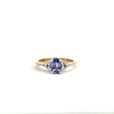 9CT YELLOW AND WHITE GOLD TRILOGY RING CLAW SET OVAL CUT NATURAL TANZANITE AND BRILLIANT CUT DIAMONDS HAND CRAFTED