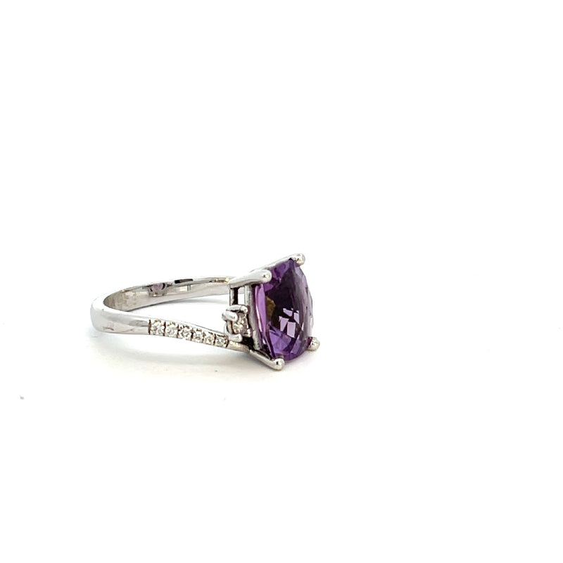 9CT WHITE GOLD COCKTAIL TRILOGY RING CUSHION CUT CHECKER AMETHYST AND BRILLIANT CUT DIAMONDS HAND CRAFTED