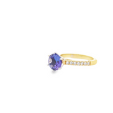 18CT YELLOW AND WHITE GOLD BRILLIANT CUT TANZANITE AND DIAMOND CLAW SET COCKTAIL RING HAND CRAFTED