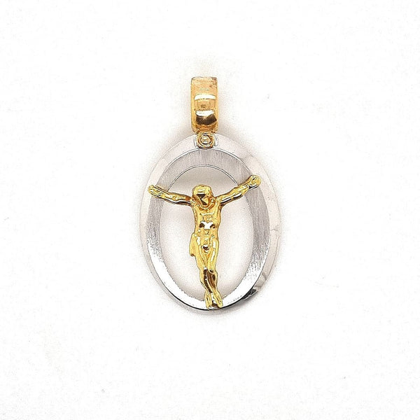 18CT JESUS YELLOW AND WHITE GOLD OVAL CUTOUT MEDAL JESUS IN CENTRE MADE IN ITALY