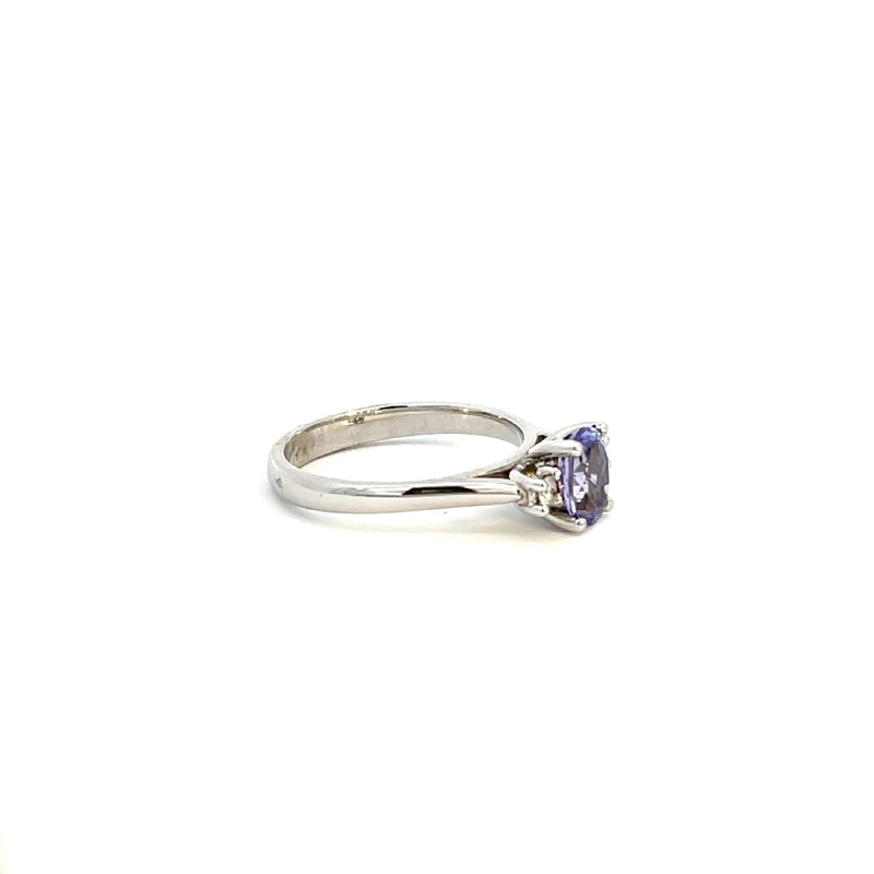 9CT WHITE GOLD TRILOGY RING CLAW SET OVAL CUT NATURAL TANZANITE AND DIAMONDS HAND CRAFTED