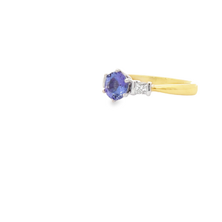 18CT YELLOW AND WHITE GOLD TRILOGY RING CLAW SET AND PART BEZEL SET BRILLIANT CUT TANZANITE AND DIAMOND HAND CRAFTED
