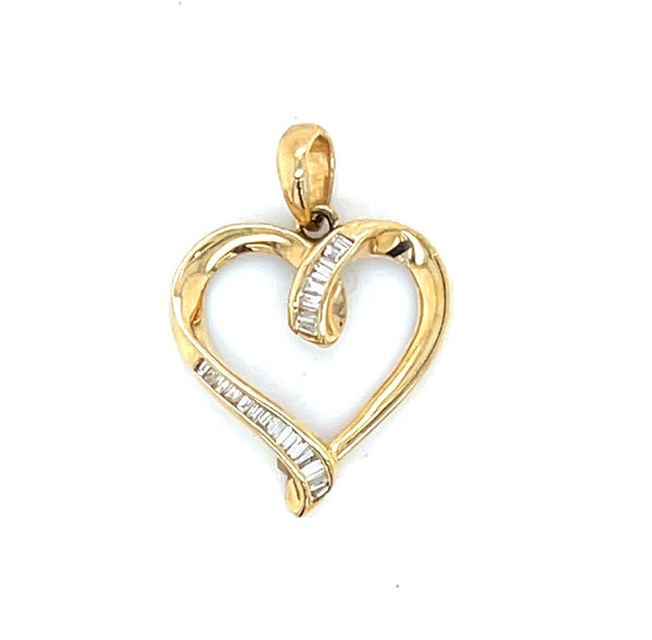 14CT YELLOW GOLD HEART PENDANT CHANNEL SET TAPPERED BAGUETTE CUT DIAMONDS IMPORTED