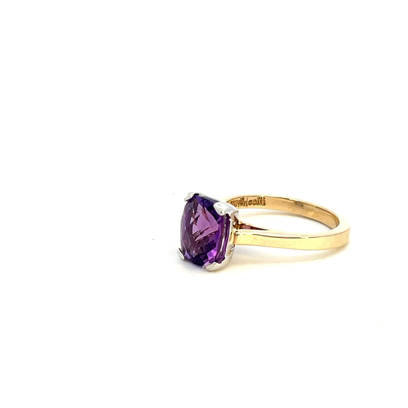 9CT YELLOW AND WHITE GOLD SOLITARE RING CLAW SET CUSHION CUT CHECKER AMETHYST HAND CRAFTED