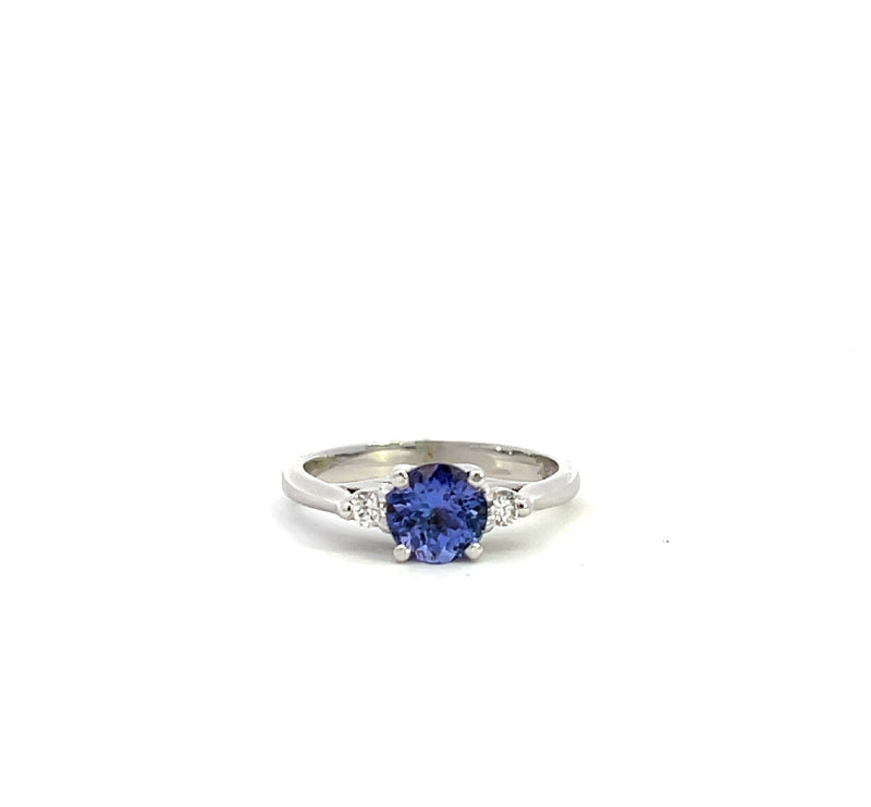9CT WHITE GOLD TRILOGY RING BRILLIANT CUT NATURAL TANZANITE AND BRILLIANT CUT DIAMONDS HAND CRAFTED