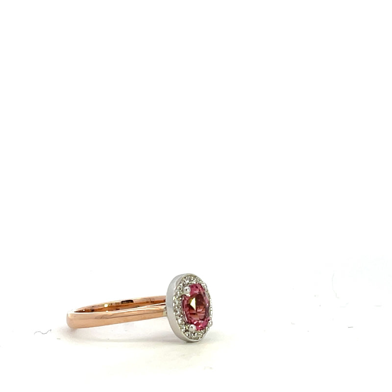 9CT ROSE AND WHITE GOLD HALO RING CLAW AND PAVE' SET NATURAL OVAL PINK TOURMALINE AND BRILLIANT CUT DIAMONDS HAND CRAFTED