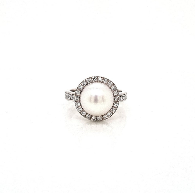 18CT WHITE GOLD HALO PAVÉ SET COCKTAIL RING SOUTH SEA PEARL AND BRILLIANT CUT DIAMONDS HAND CRAFTED