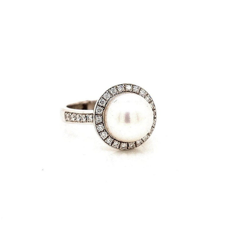 18CT WHITE GOLD HALO PAVÉ SET COCKTAIL RING SOUTH SEA PEARL AND BRILLIANT CUT DIAMONDS HAND CRAFTED