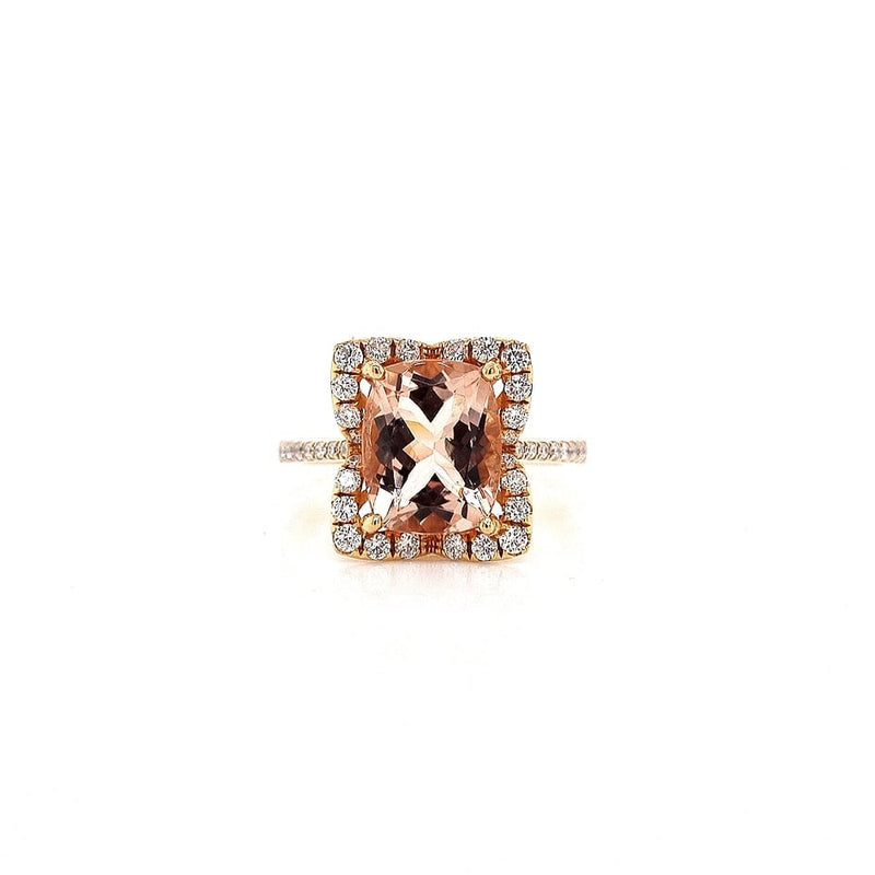 18CT ROSE GOLD HALO COCKTAIL RING CLAW SET CUSHION CUT MORGANITE AND BRILLIANT CUT DIAMIONDS HAND CRAFTED