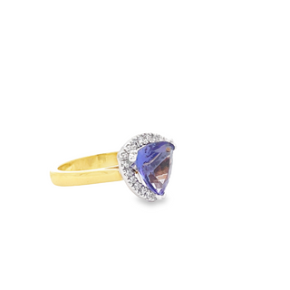 18CT YELLOW AND WHITE GOLD TRILLIAN CUT TANZANITE AND DIAMOND HALO COCKTAIL RING CLAW SET HAND CRAFTED