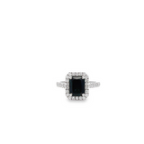 18CT WHITE GOLD CLAW SET HALO DRESS RING EMERALD CUT AUSTRALIAN SAPPHIRE AND BRILLIANT CUT DIAMONDS HAND CRAFTED