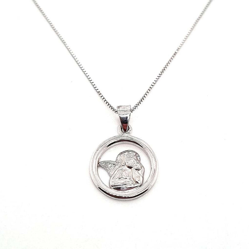 ANGEL PENDANT 18CT WHITE GOLD GARDIAN CUT OUT ROUND FRAME HAND CRAFTED