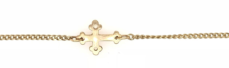 9CT YELLOW GOLD FAITH CROSS BRACELET 18CMS LONG CURBY LINK EXTRA JUMPRING AT 15CMS HAND CRAFTED
