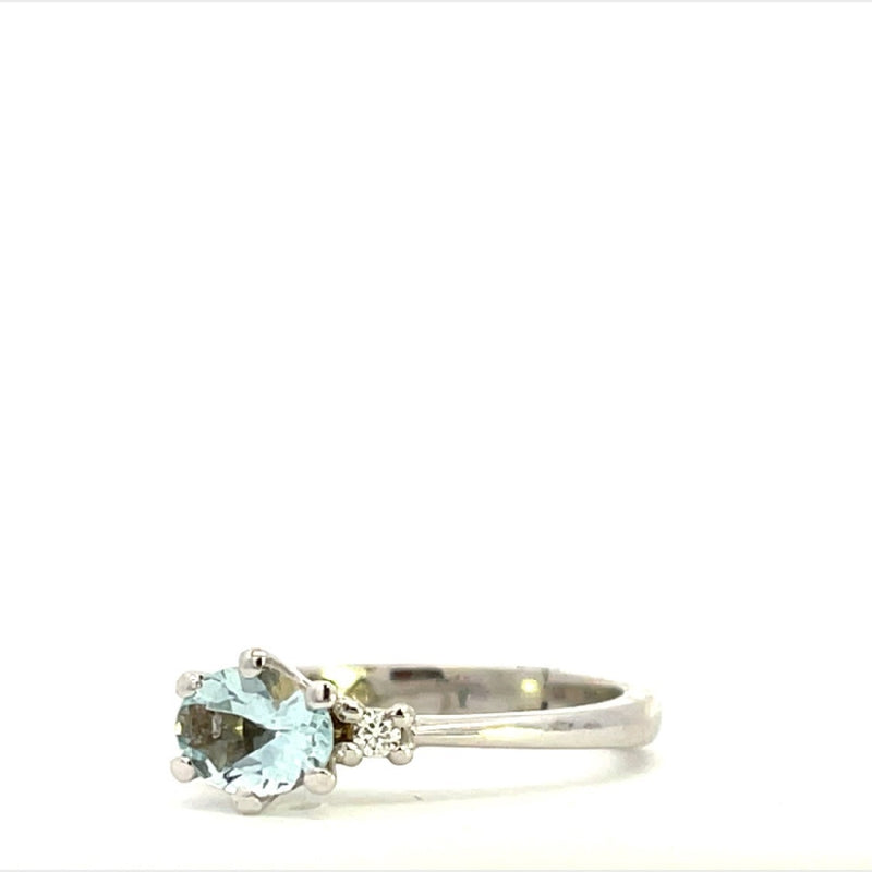 9CT WHITE GOLD TRILOGY RING OVAL NATURAL AQUAMARINE AND BRILLIANT CUT DIAMONDS HAND CRAFTED