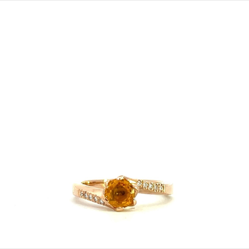 9CT ROSE GOLD DRESS RING CLAW SET BRILLIANT CUT NATURAL YELLOW SAPPHIRE AND BRILLIANT CUT DIAMONDS HAND CRAFTED