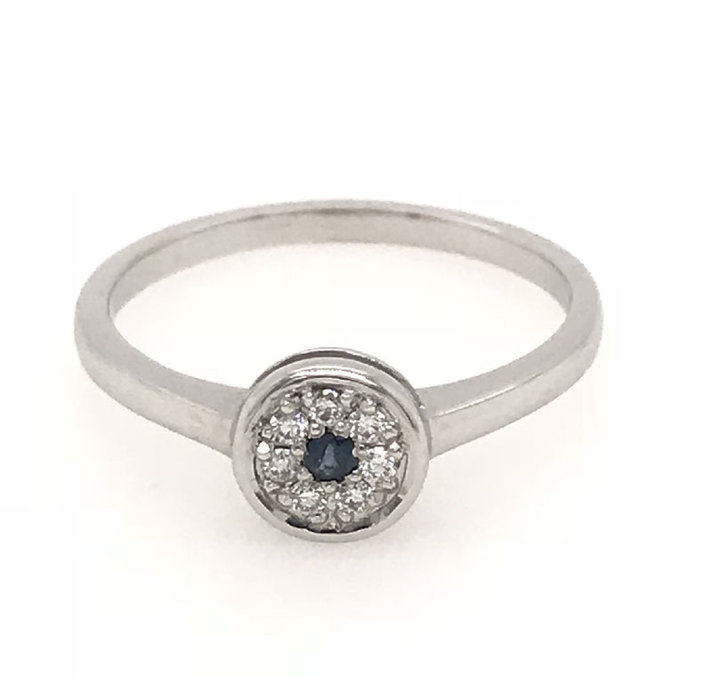18CT WHITE GOLD ROUND TOP RING PAVÉ SET SAPPHIRE AND BRILLIANT CUT DIAMONDS PERFECT FOR CHILD TO ADULT HAND CRAFTED