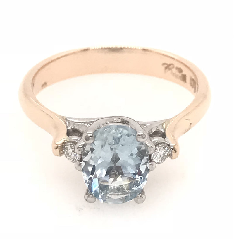 9CT ROSE AND WHITE GOLD TRILOGY DRESS RING OVAL AQUAMARINE AND BRILLIANT CUT DIAMONDS HAND CRAFTED