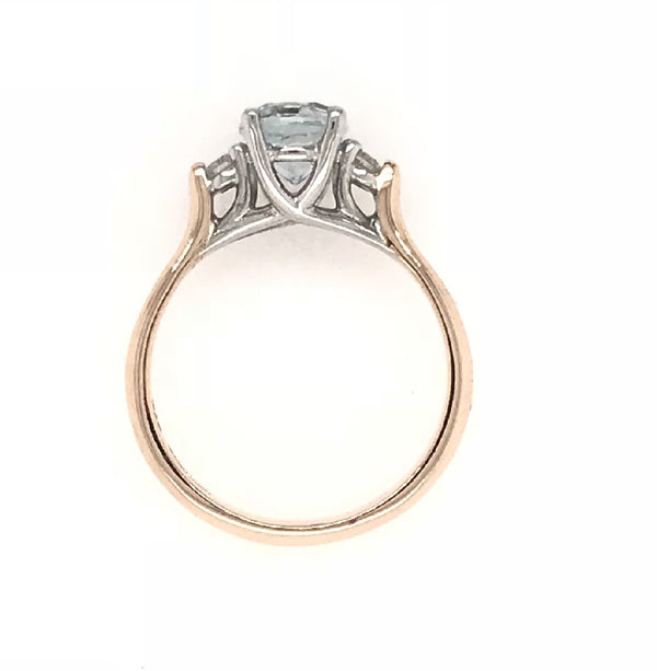 9CT ROSE AND WHITE GOLD TRILOGY DRESS RING OVAL AQUAMARINE AND BRILLIANT CUT DIAMONDS HAND CRAFTED