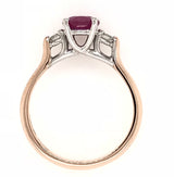 18CT ROSE AND WHITE GOLD TRILOGY RING NATURAL OVAL RUBY AND BRILLIANT CUT DIAMONDS HAND CRAFTED