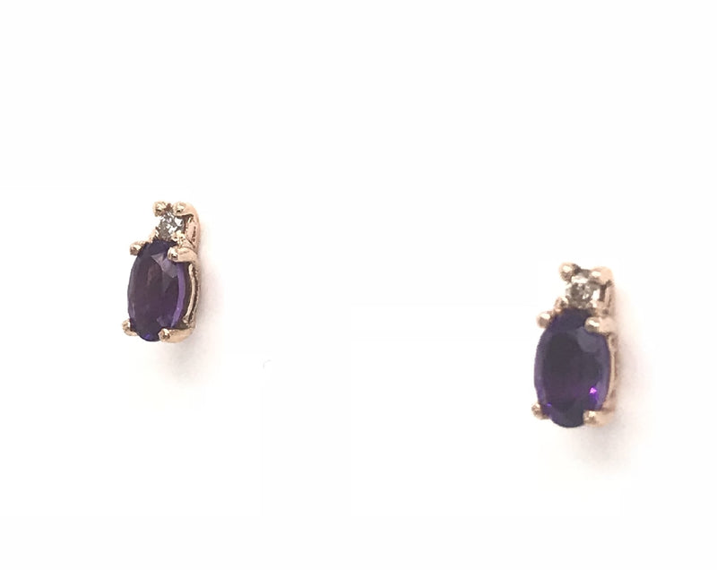 9CT ROSE GOLD STUD EARRINGS CLAW SET NATURAL OVAL AMETHYST AND BRILLIANT CUT DIAMONDS HAND CRAFTED