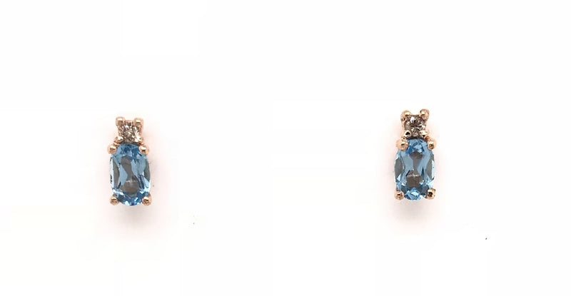 9CT ROSE GOLD STUD EARRINGS CLAW SET NATURAL OVAL BLUE TOPAZ AND BRILLIANT CUT DIAMONDS HAND CRAFTED
