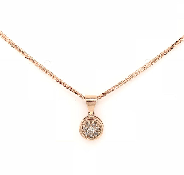 9CT ROSE GOLD PENDANT ROUND DISK SHAPE PAVE'SET BRILLIANT CUT DIAMONDS HAND CRAFTED