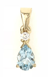 9CT YELLOW GOLD PENDANT CLAW SET NATURAL PEAR SHAPE BLUE TOPAZ AND BRILLIANT CUT DIAMOND HAND CRAFTED