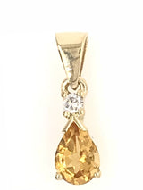 9CT YELLOW GOLD PENDANT CLAW SET NATURAL PEAR SHAPE YELLOW CITRINE AND BRILLIANT CUT DIAMOND HAND CRAFTED