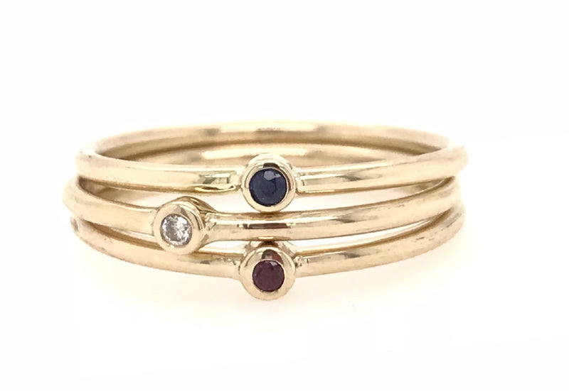 9CT YELLOW GOLD BIRTHSTONE GYPSY SET RING NATURAL BRILLIANT CUT RUBY STACKABLE CHILD TO ADULT HAND CRAFTED