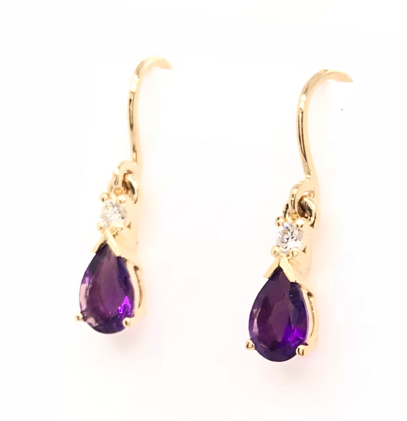 9CT YELLOW GOLD AMETHYST AND DIAMOND SHEPHERD HOOK EARRINGS HAND CRAFTED