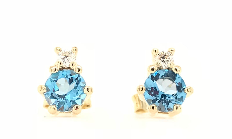 STUD EARRINGS NATURAL BLUE TOPAZ AND DIAMOND CLAW SET HAND CRAFTED