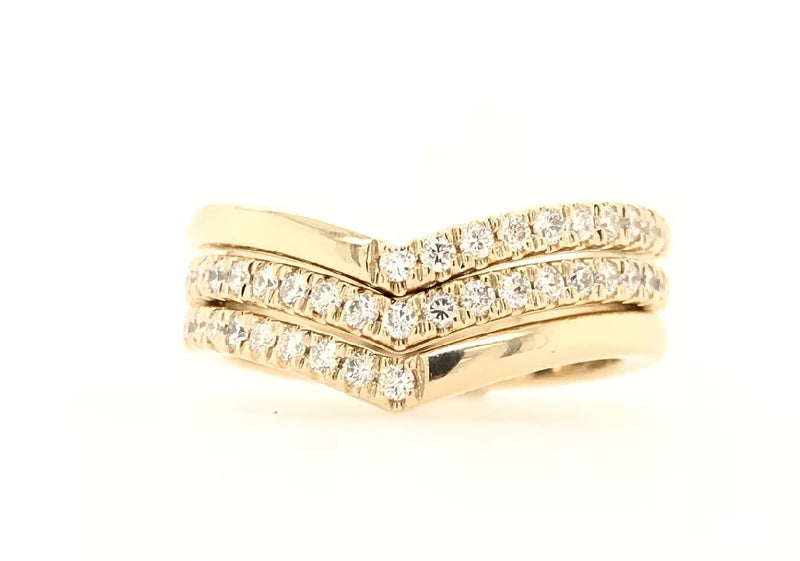 9CT YELLOW GOLD SHIMMERING VICTORY V RING CLAW SET BRILLIANT CUT DIAMONDS HAND CRAFTED