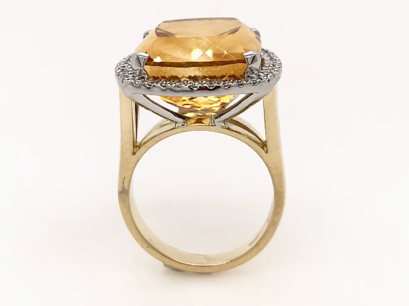 18CT YELLOW AND WHITE GOLD COCKTAIL RING CUSHION GOLDEN CITRINE AND BRILLIANT CUT DIAMONDS HAND CRAFTED