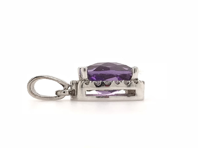 9CT WHITE GOLD HALO PENDANT CHECKER TOP NATURAL CUSHION CUT AMETHYST AND BRILLIANT CUT DIAMONDS CLAW SET HAND CRAFTED