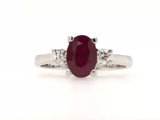 9CT WHITE GOLD TRILOGY RING CLAW SET NATURAL OVAL RUBY AND BRILLIANT CUT DIAMONDS HAND CRAFTED