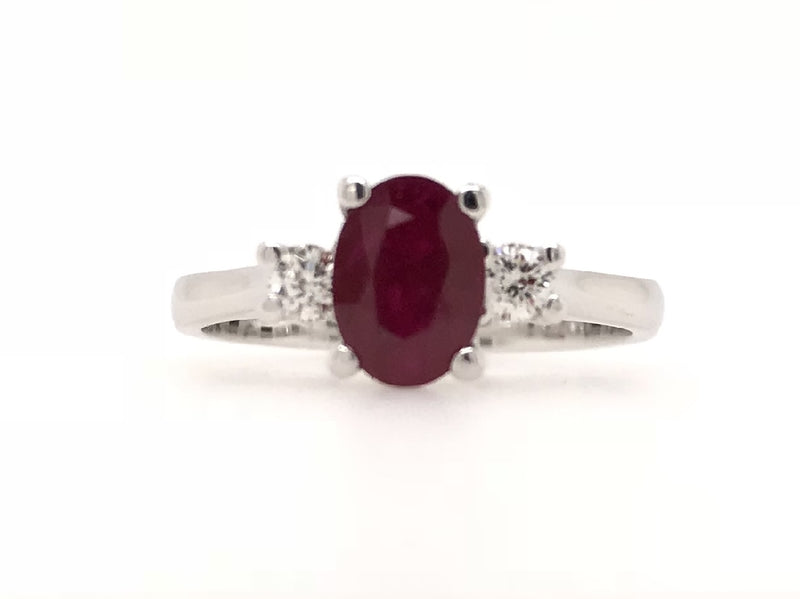9CT WHITE GOLD TRILOGY RING CLAW SET NATURAL OVAL RUBY AND BRILLIANT CUT DIAMONDS HAND CRAFTED