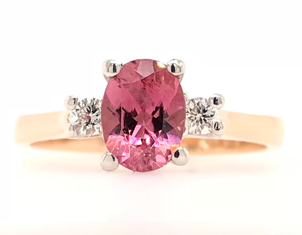 9CT ROSE AND WHITE GOLD TRILOGY RING CLAW SET OVAL CUT NATURAL PINK TOURMALINE AND BRILLIANT CUT DIAMONDS HAND CRAFTED
