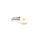 18CT WHITE GOLD COCKTAIL RING CLAW SET CULTURED PEARL AND BRILLIANT CUT DIAMONDS HAND CRAFTED