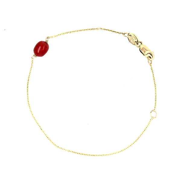 9CT YELLOW GOLD BRACELET EGG SHAPE CORAL 17.5CM LONG WITH EXTRA JUMPRING AT 15CM HAND CRAFTED