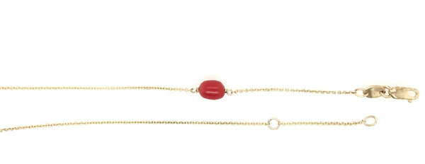 9CT YELLOW GOLD BRACELET EGG SHAPE CORAL 17.5CM LONG WITH EXTRA JUMPRING AT 15CM HAND CRAFTED
