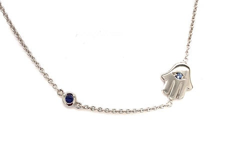 9CT WHITE GOLD HAND OF FATIMA NECKLACE BEZEL AND PAVE' SET BRILLIANT CUT SAPPHIRE HAND CRAFTED