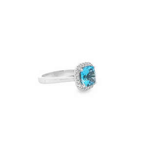 HALO COCKTAIL RING 18CT WHITE GOLD BLUE TOPAZ AND BRILLIANT CUT DIAMONDS CLAW SET HAND CRAFTED