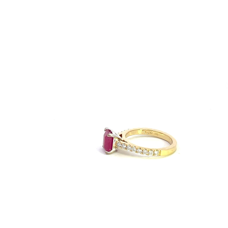 18CT YELLOW GOLD LADIES DRESS RING CLAW SET NATURAL RUBY AND BRILLIANT CUT DIAMONDS HAND CRAFTED